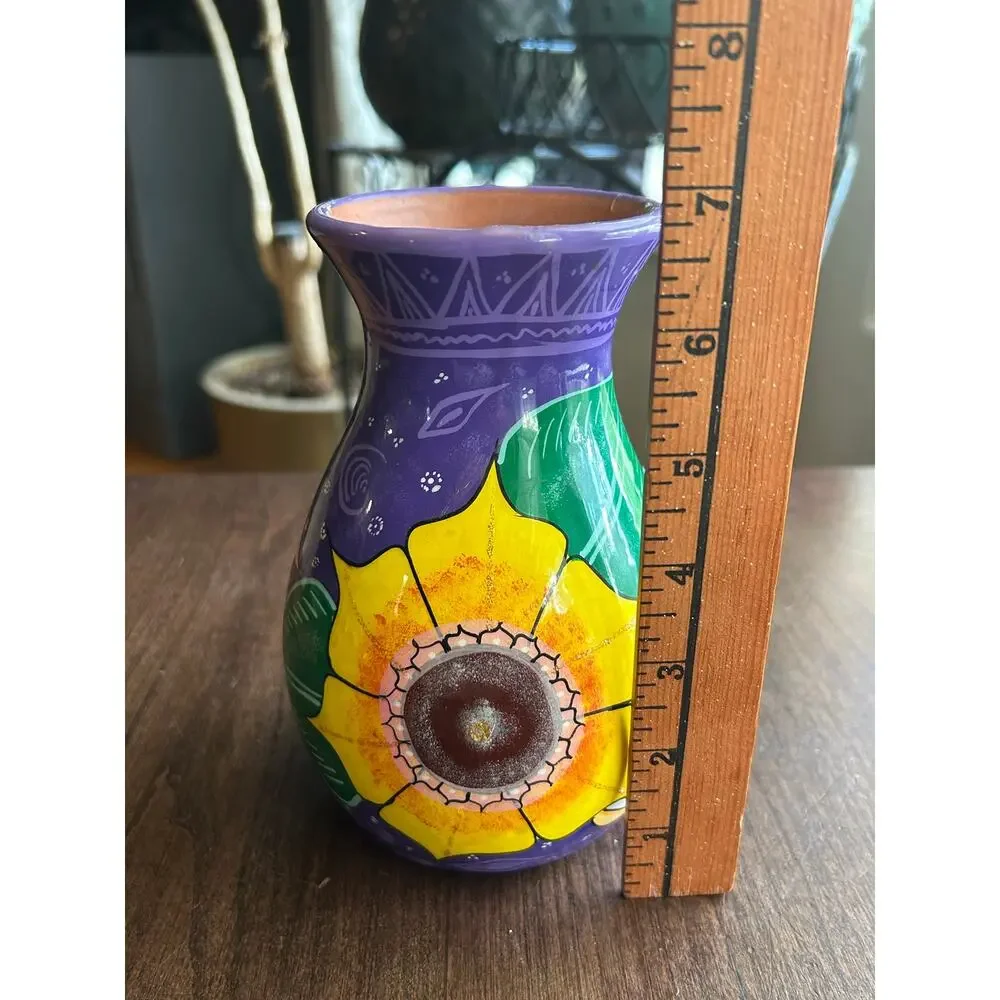 Mexican folk art pottery vase floral terra-cotta 7”